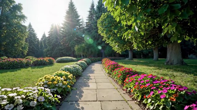 Flower and grass path under the sun
