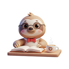 Fototapeta premium Cute 3d sloth character wearing glasses and red bowtie reading book Transparent Background