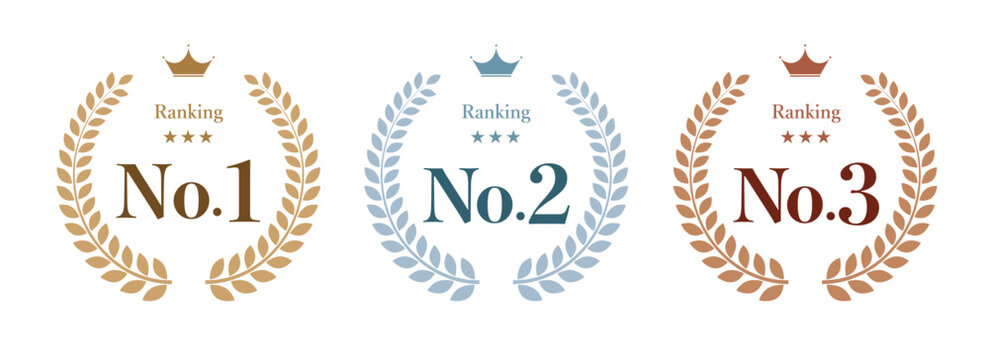 ランキングNo.1・No.2・No.3月桂樹エンブレムセット（表彰バッジ・実績アピール・ランキングロゴ）ビジネスベクター素材