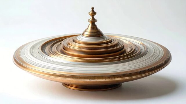A tiered, metallic, ornamental object featuring concentric rings and a conical top finial on a white background