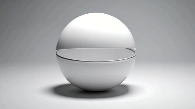 A two-part white, spherical form, split horizontally, casting a shadow on a light grey background