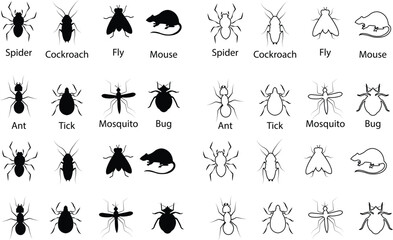 Fototapeta premium Pest insect vector set collection group with spider cockroach fly mosquito ant mouse bug tick icons, exterminator infestation symbol silhouette outline isolated editable design