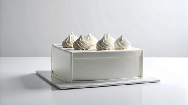 A white square cake with swirled cream toppings, set on a white surface, lit evenly
