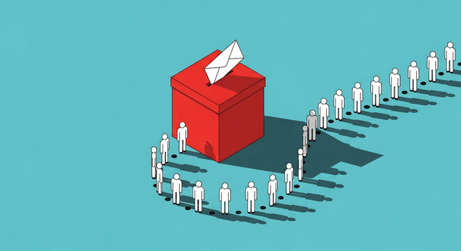 選挙箱へ投票用紙が挿入され人々が並ぶイラスト