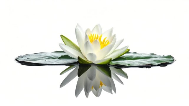 A white water lily flower with yellow center rests on its green leaf, reflected in water