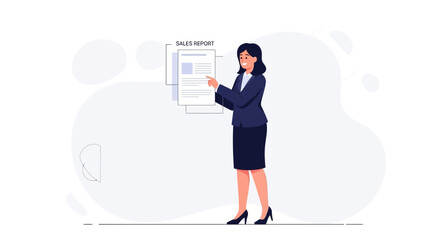 Obraz premium Businesswoman analyzing sales report on digital screen, modern office, business analytics concept