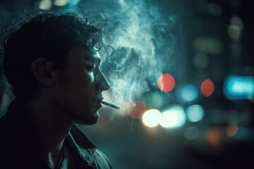 Fototapeta premium Candid portrait of a man exhaling smoke against city lights