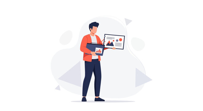 Man holding briefcase and presentation board with charts and graphs, business concept