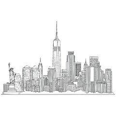 Obraz premium Hand Drawn New York City Skyline and Statue of Liberty Line Art