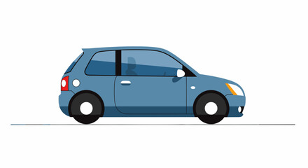 Obraz premium Side view of a blue two-door hatchback car in a simple vector illustration style, driving on a road with a white background.