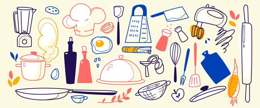 Doodle set of kitchen items and food isolated on white background. Vector illustration of cooking utensils, pots, chef tools, hand-drawn outline kitchenware, fruit and vegetables for culinary designs