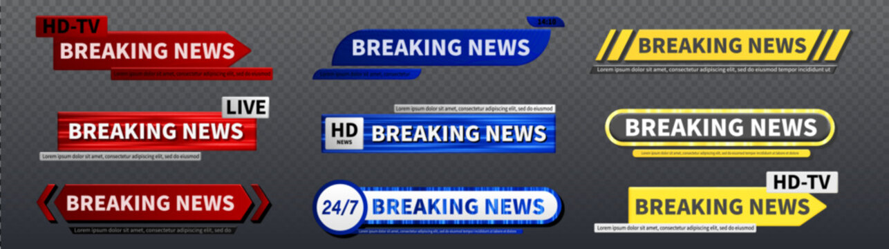 Breaking news TV banner templates set with live broadcast bar isolated on transparent background. Vector realistic illustration of headline frame for television channel screen design, important report