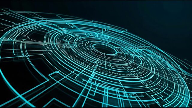 Futuristic glowing cyan circuit maze forming concentric ring digital interface and circular circuit ring dark background with concentric geometric