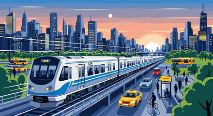 A modern electric train speeds through a bustling city at sunset, with skyscrapers, cars, taxis, and buses on the road. © cemoro