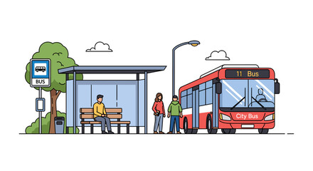 A red city bus arrives at a bus stop where people are waiting, with a tree and a bus sign visible. © cemoro