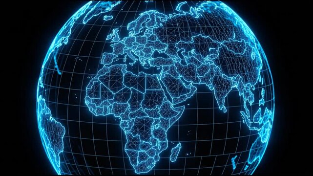 Glowing neon wireframe globe map with triangular mesh grid highlighting Africa Europe continents, blue digital network connectivity and futuristic