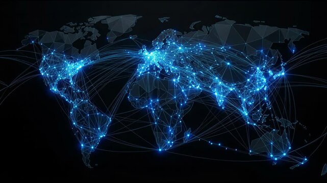 Global network map with glowing connection points and data lines forming digital world surface showing glowing blue connection nodes and lines across