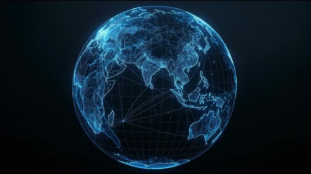 Glowing digital globe network connecting continents with blue data lines and connectivity, global communication and digital data earth network