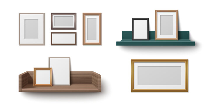 Wooden shelf with photo frames leaning against wall. Vector realistic illustration of 3D shelves for home picture gallery, vintage borders with empty space for posters, modern interior design elements