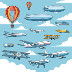 A vibrant collection of various aircraft, including hot air balloons, blimps, biplanes, and modern jets, soaring through a cloudy blue sky. © cemoro