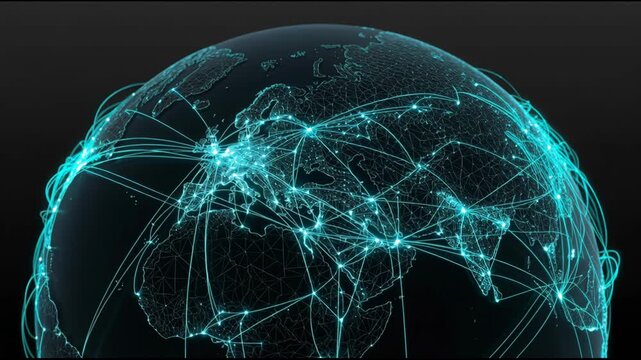 Neon digital globe network pathway showing data connection lines and glowing city nodes conveying global communication and technology energy