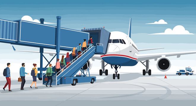 Passengers boarding a large commercial airplane at an airport gate using both a jet bridge and a mobile staircase under a clear sky.