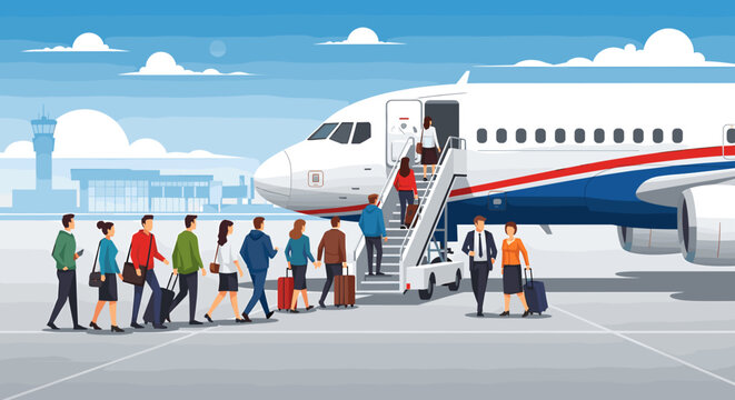 Passengers boarding a commercial airplane on the tarmac at an airport, with a terminal building in the background under a blue sky.