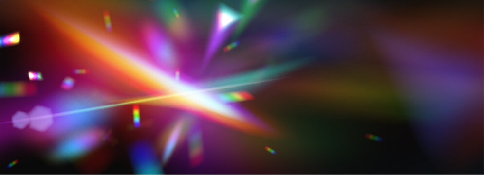 Rainbow light flare with iridescent crystal effect, prismatic colors and glowing aurora gradient, abstract vector background. Dark banner, modern design overlay. Bright border, holographic spectrum