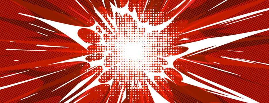 Comic book burst background with radial rays and halftone dots, cartoon vector illustration, dynamic red pop art banner for super hero action scenes and manga-style graphic designs.
