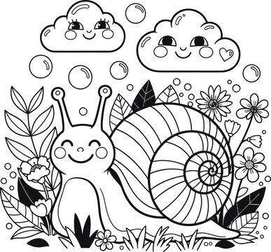 Colour book snail garden fun with happy clouds and flowers colouring page