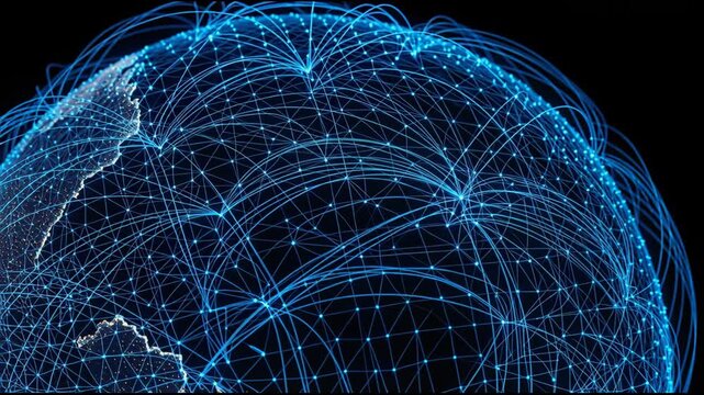 Global network connection of glowing blue digital globe with data lines, nodes and flowing network connection conveying global digital connectivity