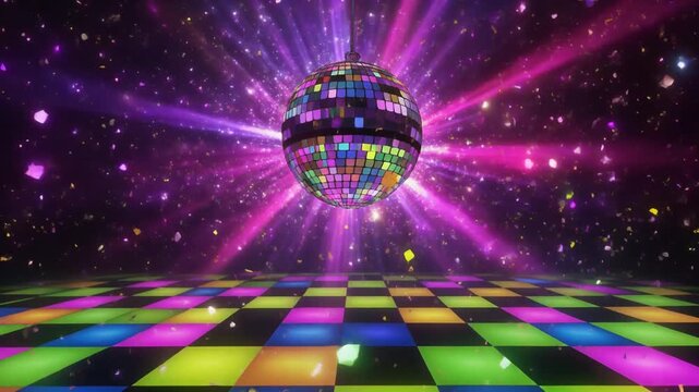 Vibrant Disco Party Scene with Sparkling Disco Ball and Lighted Floor