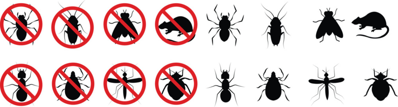 Pest control vector set collection group with insect rodent prohibition icons, bug mosquito rat cockroach symbol, no pest sign silhouette outline isolated design on transparent background.