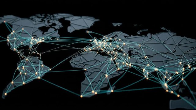 Global network map world showing digital connection nodes and teal lines linking continents with data flow across network line