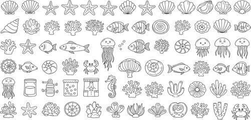 Hand Drawn Underwater Icon Collection with Seashells, Coral, Fish, Jellyfish, Starfish, and Marine Elements for Coloring Pages and Ocean Design Projects © Selim Studio