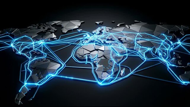 Neon network lines trace fragmented world map over dark metallic surfaces with glowing digital connectivity, map network neon lines metallic