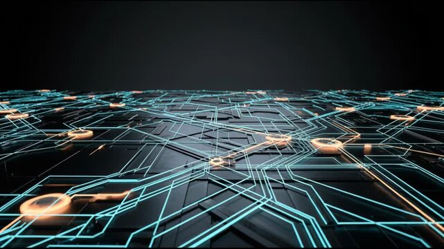 Neon circuit grid over dark metallic surface suggesting digital network connectivity and futuristic data transfer, futuristic circuit network glowing