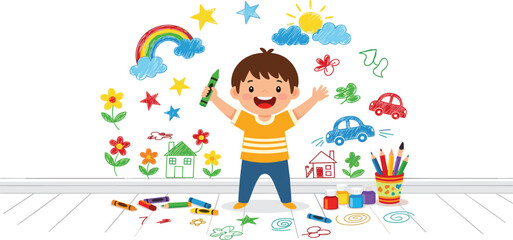 Happy Little Boy Drawing Colorful Crayon Doodles on Wall with Rainbow, Sun, Flowers and Cars, Kids Creativity and Art Activity Cartoon Vector Illustration