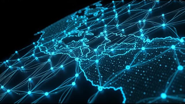 Glowing blue digital network map of interconnected nodes and data lines forming neon digital mesh web and abstract futuristic connectivity grid