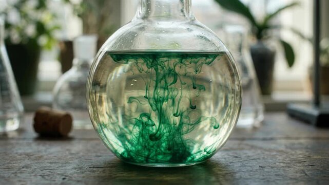 Green chemistry laboratory flask experiment liquid dye diffusion glass beaker showing sustainable chemical reactions and swirling emerald patterns