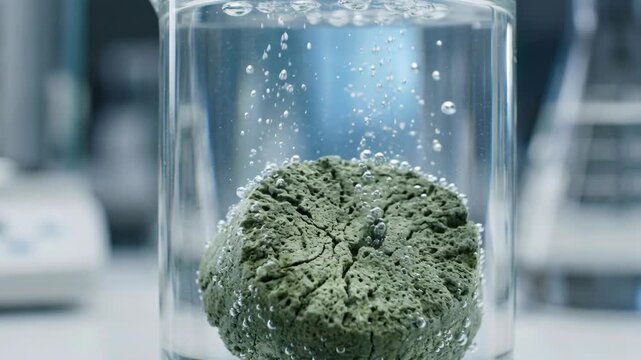 Green porous catalyst pellet submerged bubbling lab beaker showcasing porous green catalyst sustainable chemical reactions green chemistry laboratory