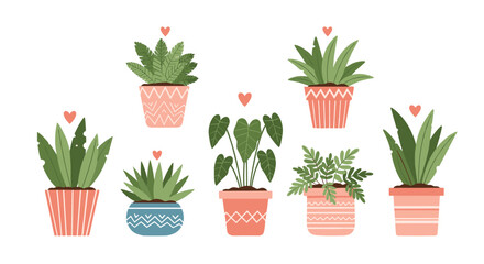Obraz premium Various indoor house plants in decorative pink and blue pots are arranged with small hearts floating above them.