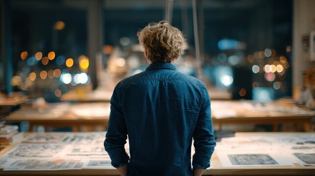 Holding detailed drawings, the architect considers structure and form, while blurred studio elements suggest imagination, balance, and the transformation of ideas into architecture.
