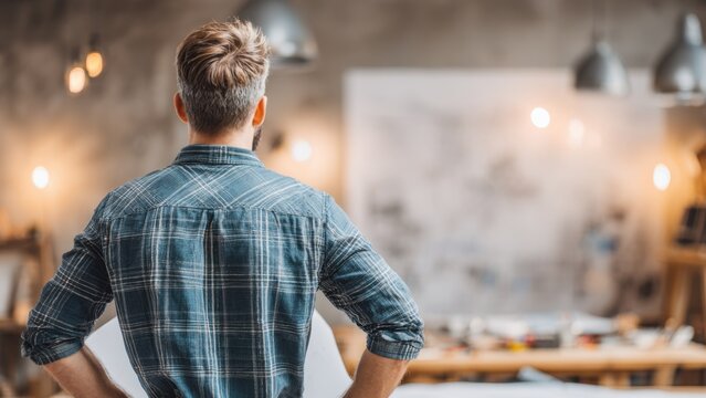 Seen from behind, the architect reviews building layouts carefully, as soft, out-of-focus studio elements highlight planning, structure, and thoughtful spatial development.
