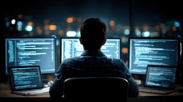 Seen from behind, the developer studies screens with intent, as soft, out-of-focus elements emphasize problem solving, logic, and the quiet rhythm of focused coding work.