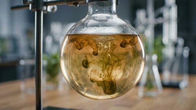 Sustainable chemical reactions green chemistry round flask swirl dye diffusion liquid laboratory glassware creating dynamic eco experimental