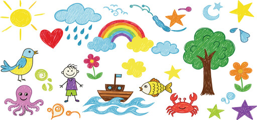 Kids Doodle Drawing Set with Rainbow, Sun, Animals, Tree, Sea Elements and Cute Child Sketches for Children Education and Creative Design © Selim Studio