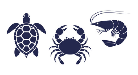 Silhouettes of a sea turtle, a crab, and a shrimp shown as dark blue icons on a clean white background for marine life themed projects.