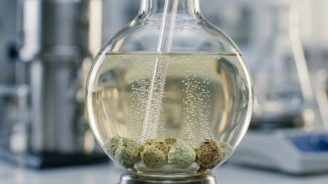 Sustainable green chemistry chemical reactions laboratory glass flask with bubbling solution porous catalyst beads catalyst pellets eco friendly