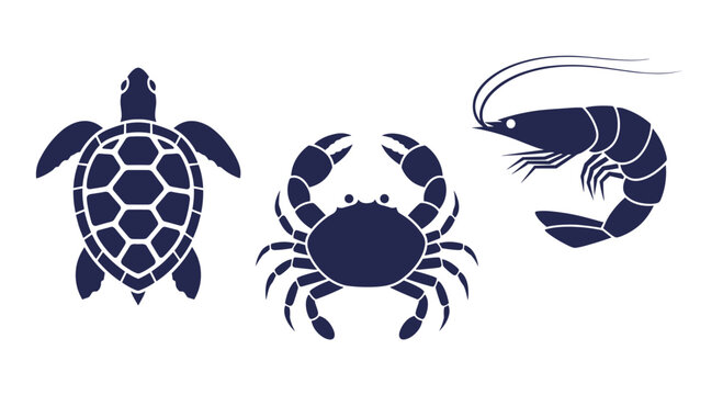 Silhouettes of a sea turtle, a crab, and a shrimp shown as dark blue icons on a clean white background for marine life themed projects.